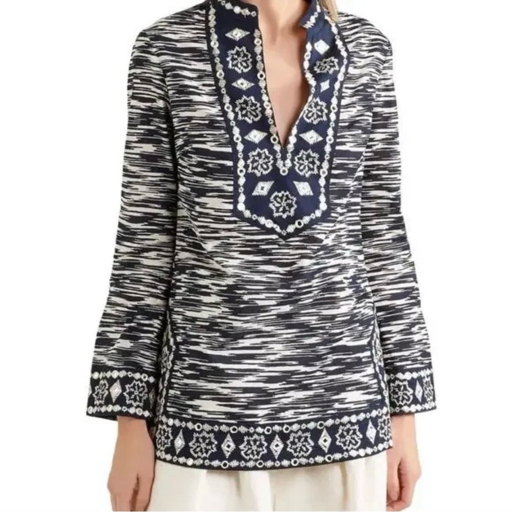 Tory Burch Navy and Ivory Space-Dye Embroidered Tunic Top women’s 6